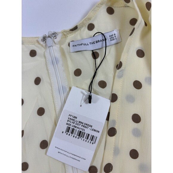 Faithfull the Brand Vanelli Mini Dress Sylve Dot Print Lemon 8 Cream Brown Dot - Picture 6 of 16